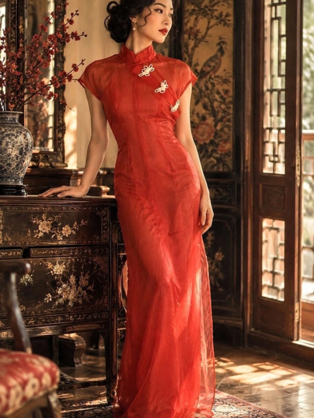 Vintage 1950s 60s Sheer Red Cheongsam Qipao Dress Ivory Frog Details